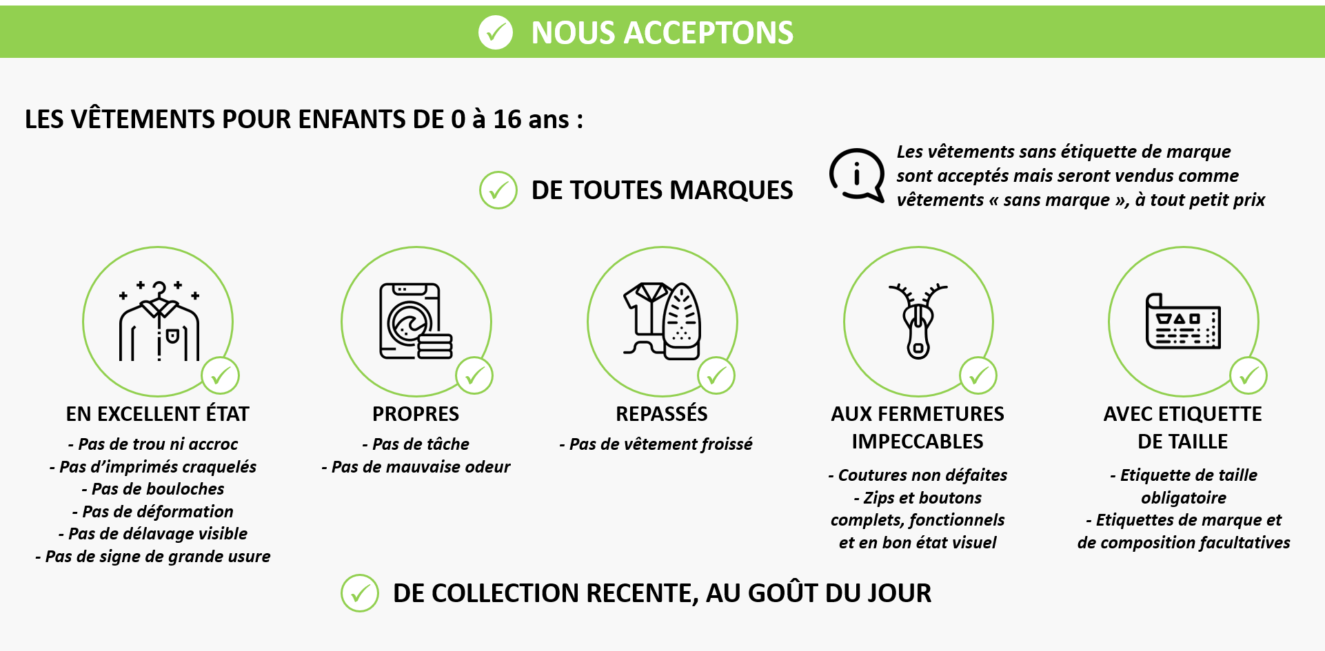 Nous acceptons les vêtements pour enfants de 0 à 16 ans :
- de toutes marques
- en excellent état
- propres et repassés
- aux fermetures impeccables
- avec étiquette de taille
- de collection récente, au goût du jour