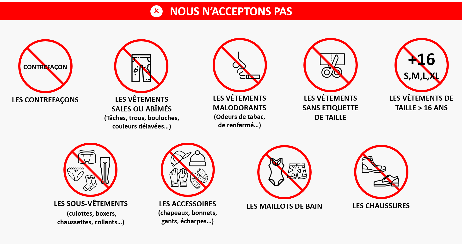 Nous n'acceptons pas :
- les contrefaçons
- les vêtements sales ou abîmés
- les vêtements malodorants
- les vêtements sans étiquette de taille
- les vêtements de taille >16 ans
- les sous-vêtements
- les accessoires
- les maillots de bain
- les chaussures